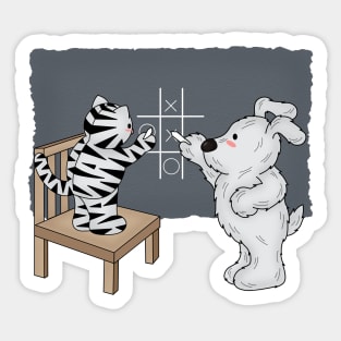 Cat and dog playing tic tac toe Sticker